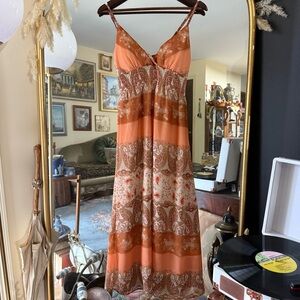 She's Cool Orange & Paisley Tiered Smocked Waist Spaghetti Strap Boho Midi Dress